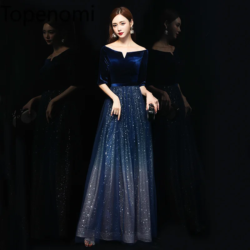 

Topenomi Shiny Velvet Banquet Evening Dresses Women 2024 New Slash Neck Short Sleeve Waist Tulle Formal Party Vestido De Festa