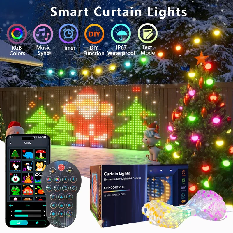 スマートカーテンストリングライト-400led-ウィンドウガーランドライト-diy-写真テキスト音楽同期-ルームクリスマスパーティーデコレーション-フェアリーライト