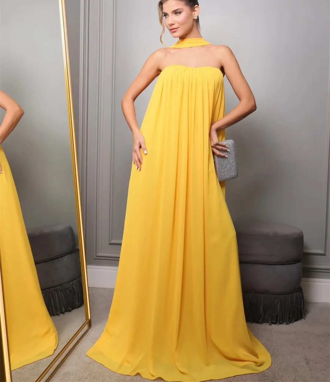 

New Arrival Yellow Evening Formal Dress 2026 Warp Strapless Sleeveless Pleats A-line Chiffon Long Prom Pageant Party Gowns