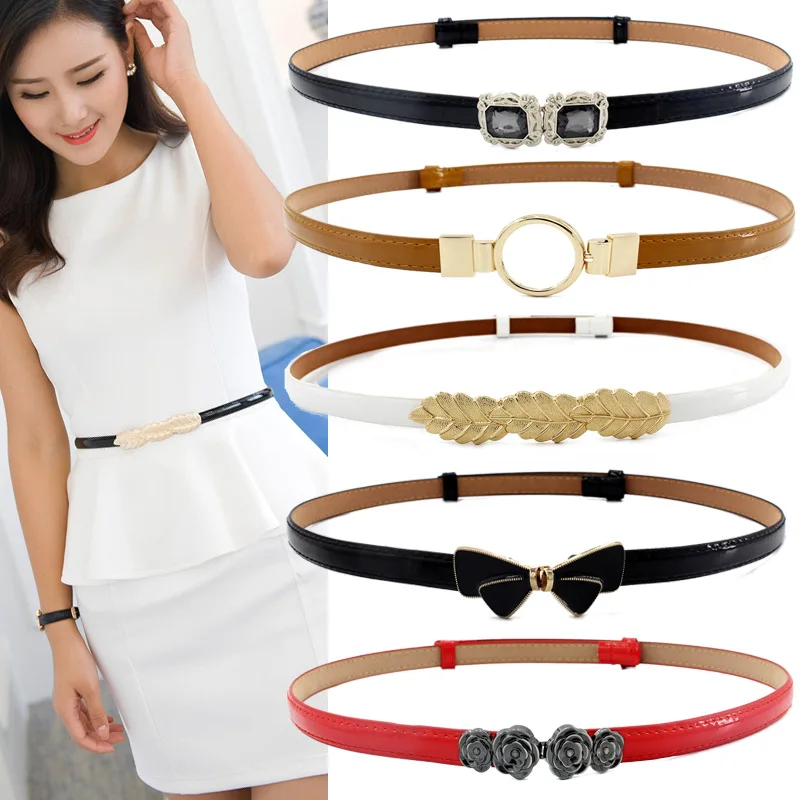 

Women Waistbands Red Flower Buckle Gifts New Design Belts Thin Adjust Belt PU Leather Black Dress Cummerbunds Students