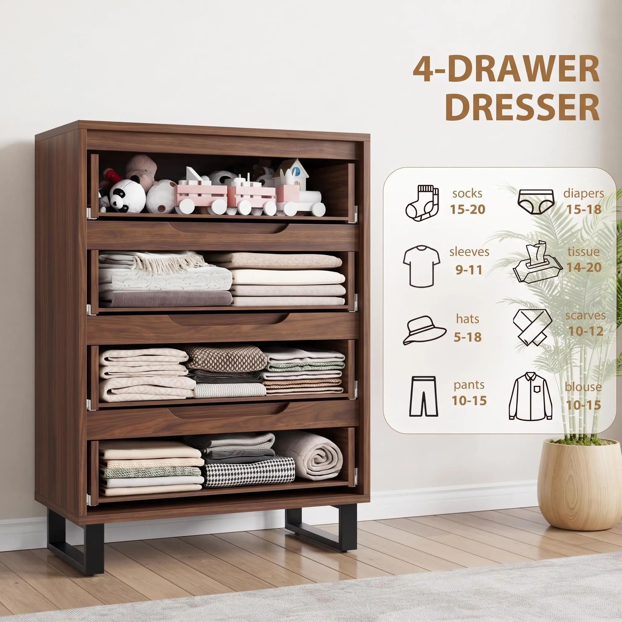 Tall 4-Drawer Storage Dresser – Freestanding Wooden Vertical Cabinet with Spacious Drawers for Bedroom, Living Room, Hallway, Closet Organization – Adjustable Feet