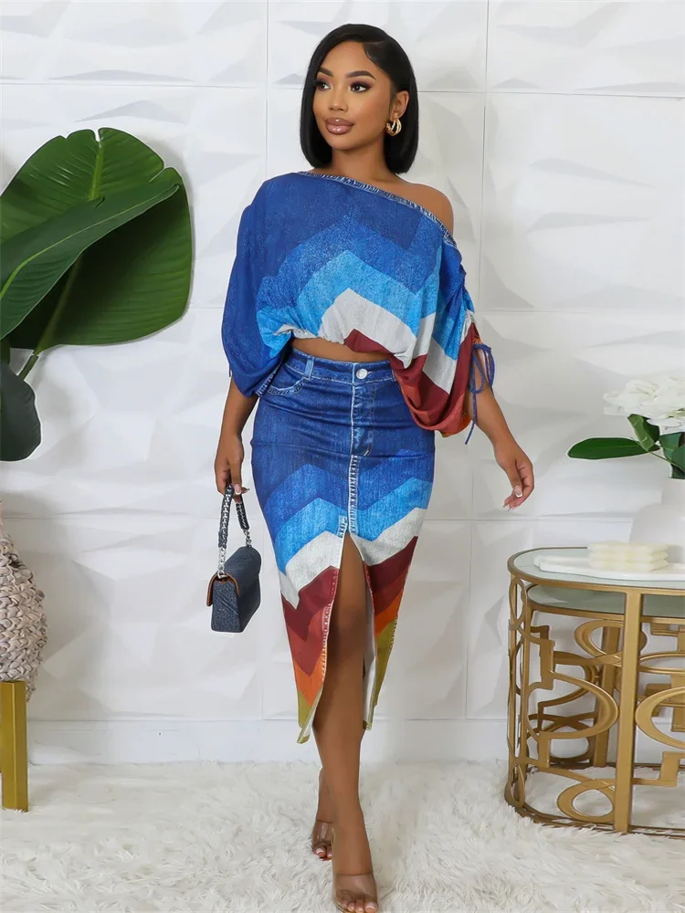 Wmstar Women\'s One shoulder Long Casual Sleeve Printed Blue Bat Sleeve Top Slit Short Skirt Two piece Set Wholesale Dropshipping