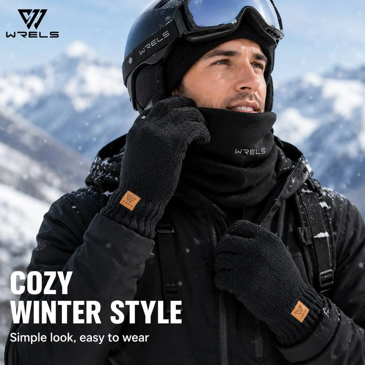 WRELS Winter Warm Gloves Neck Gaiter Set Knitted Gloves Windproof Soft Fleece Neck Warmer For Men Women Outdoor Skiing Cycling