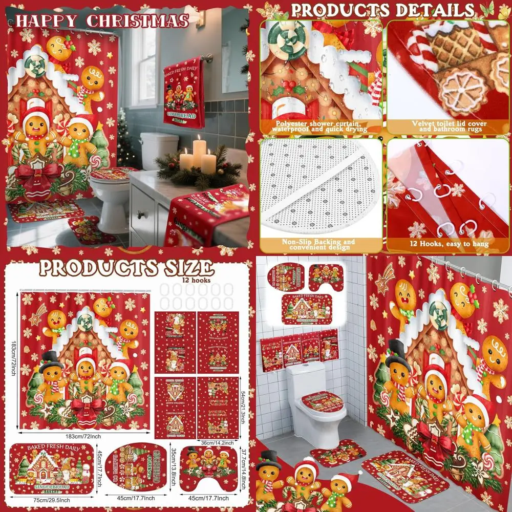 

Christmas Bathroom Set: Santa, Tree, Snowman Shower Curtain, Hand Towels, Rugs & Hooks