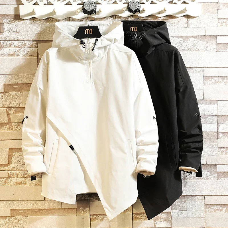 White Black 2023 Autumn Mens Jacket Streetwear Bomber Coat With Hooded Oversize Outwear 5XL 6XL 7XL