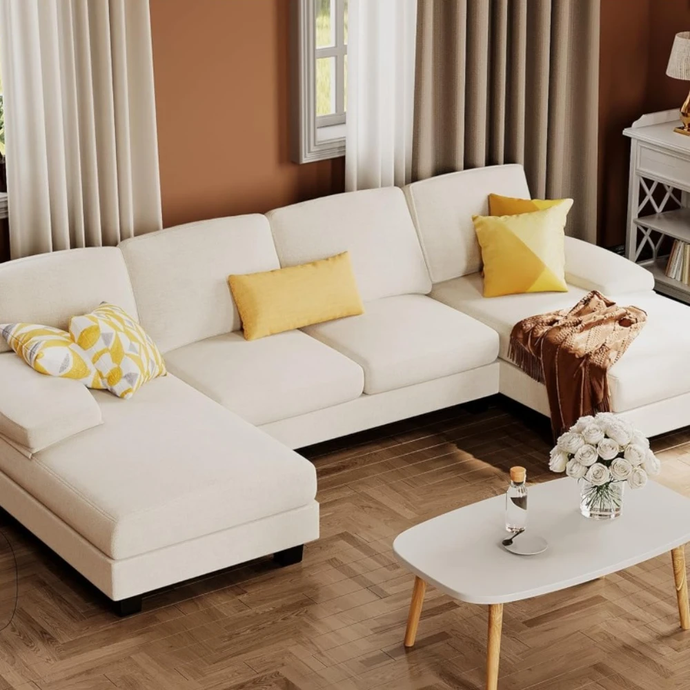 

Sectional Couches for Living Room, U-Shaped Sofa Couch with Linen Fabric, 4 Seat Sofa Set with Double Chaise for Apartment