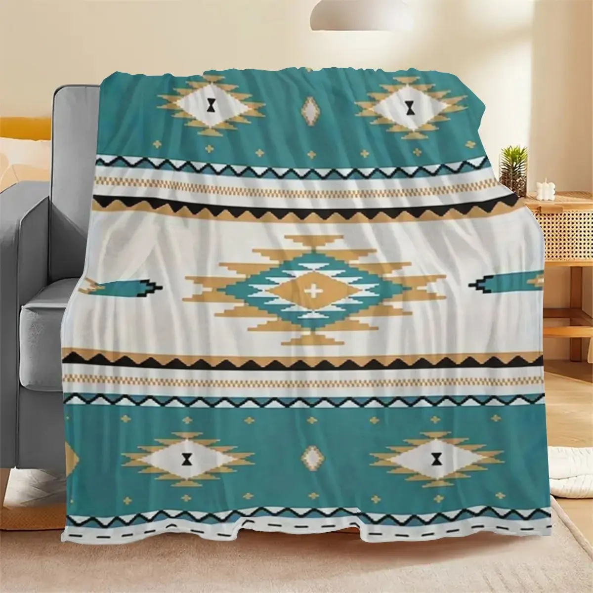 Southwestern Tribal Diamond Fleece Blanket, Turquoise Beige Aztec Stripe Pattern Cozy Throw for Camping Office Living Room Daily
