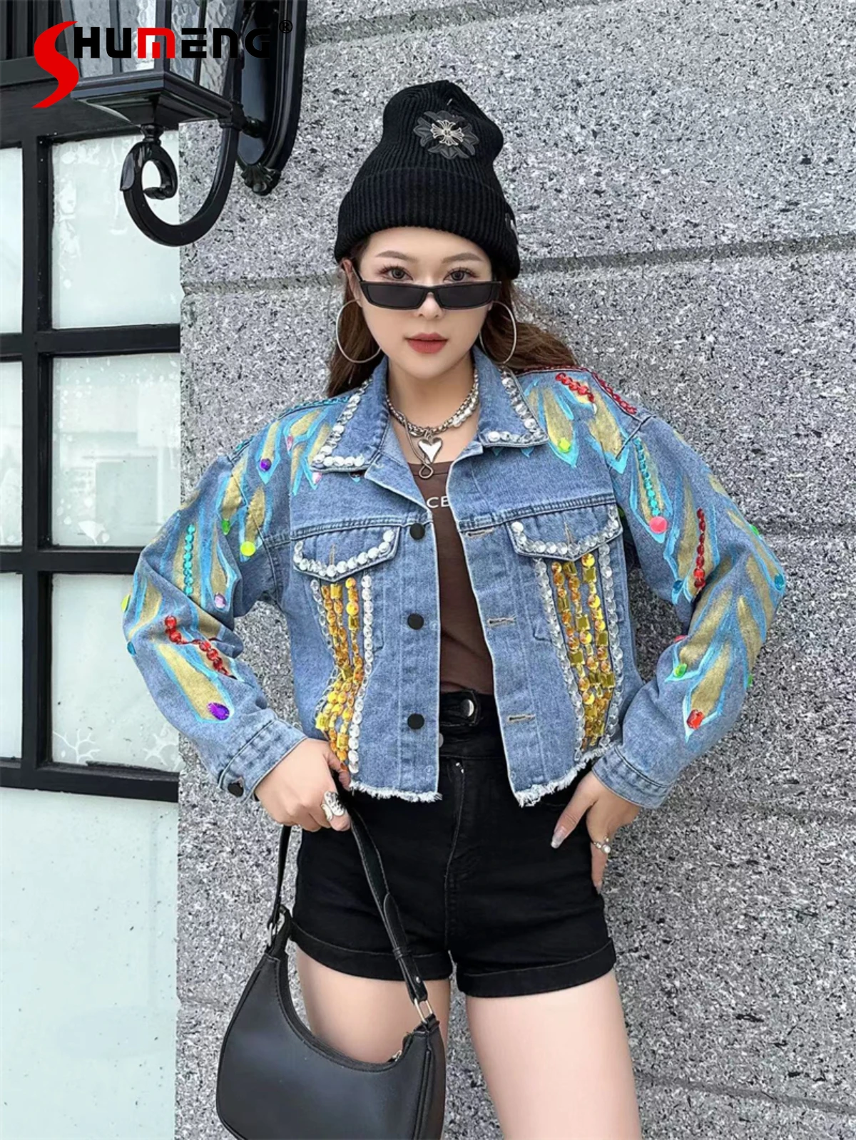 

Fashion Women's Clothes Hand-Painted Short Denim Jackets Women's Beaded Sequins High-End Trendy Jacket Long Sleeve Denim Coats