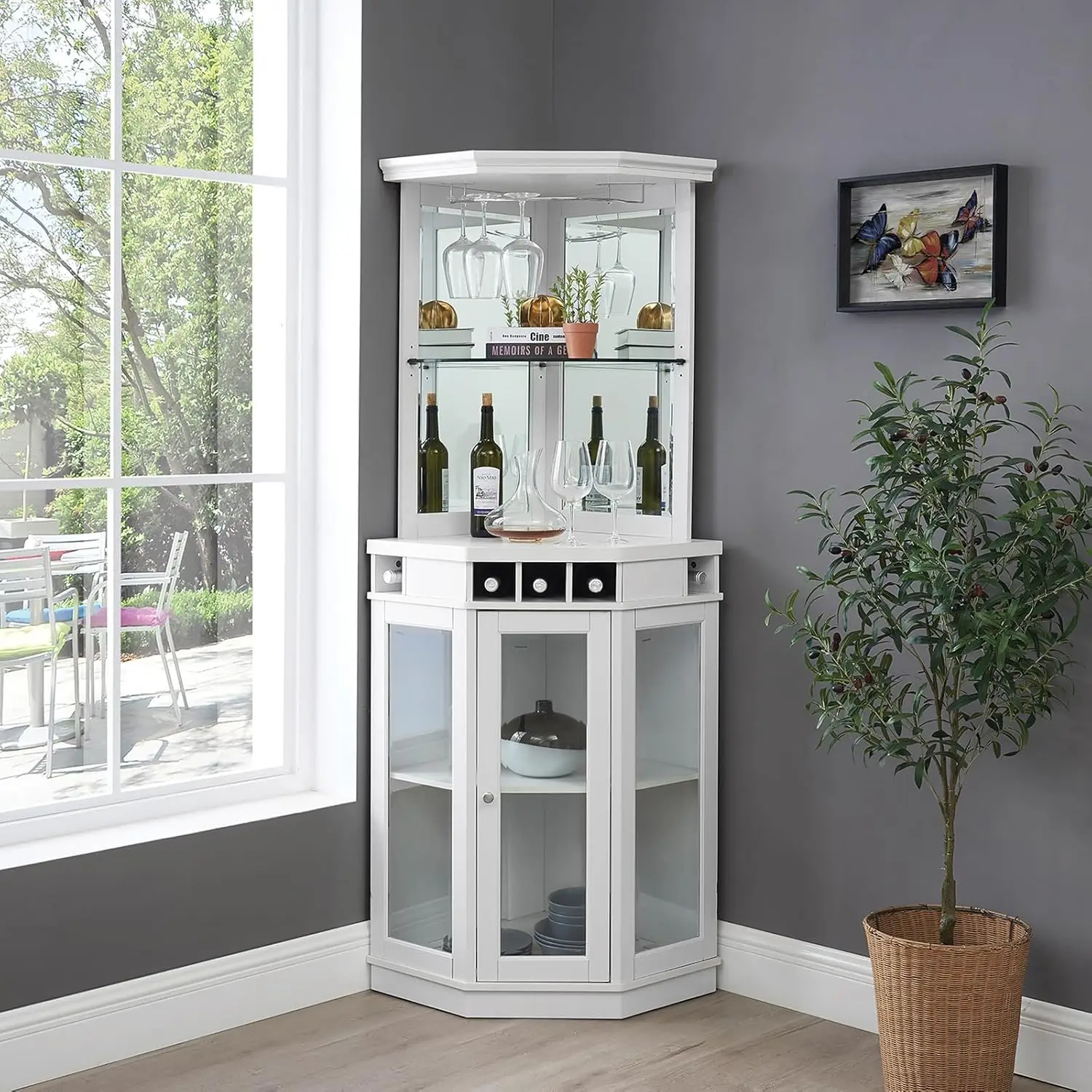 Home Source Corner Bar Unit 73" Charcoal with Two Glass Shelves, Built-in Wine Rack, Storage Living, Home Office, Kitchen