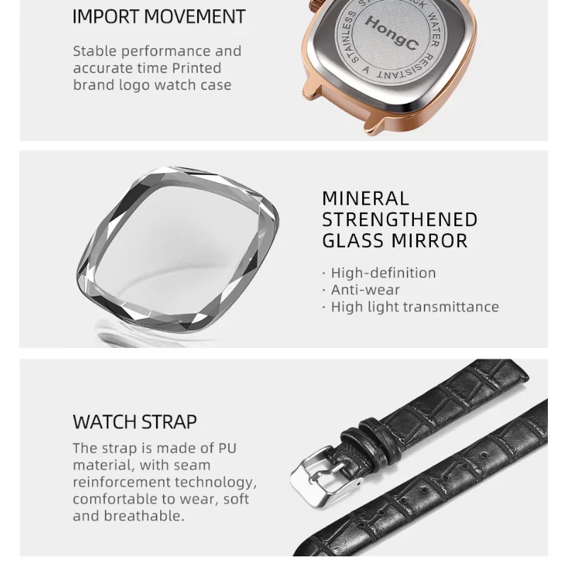 Square Dial Women Quartz Watch Black Leather Band Classic Elegant Ladies Dress Watch Polygonal Waterproof Watch Montre Femme