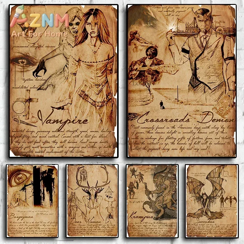 AZNM Vintage Monster Mythology Canvas Wall Art Werewolf Rougarou Goat Man Old Parchment Sketch Frameless Print Poster for Home D