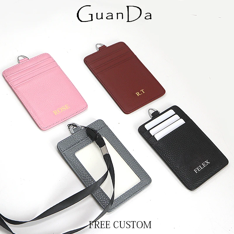 

Держатель для пропусков с инициалами на заказ, с ремешком на шею, для самостоятельного оформления, кошелек для удостоверений личности, деловой, офисный, из воловьей кожи, портативный, для женщин и мужчин