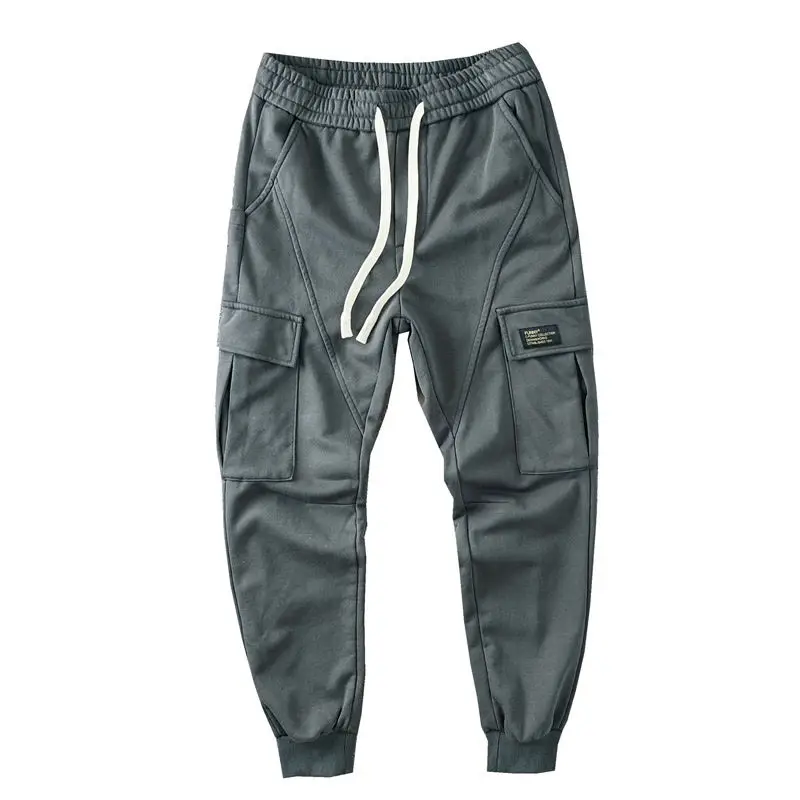 Thick Style Street Casual Men\'s Drawstring Cargo Pants Multiple Pockets New Classic Stickers Handsome Tide All-match Trousers
