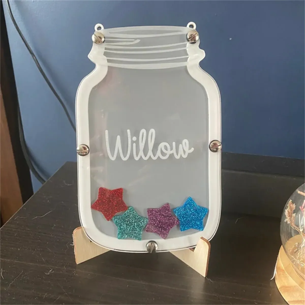 grey and white reward jar with gold glitter stars reward chart good behaviour system children's personalised gift potty