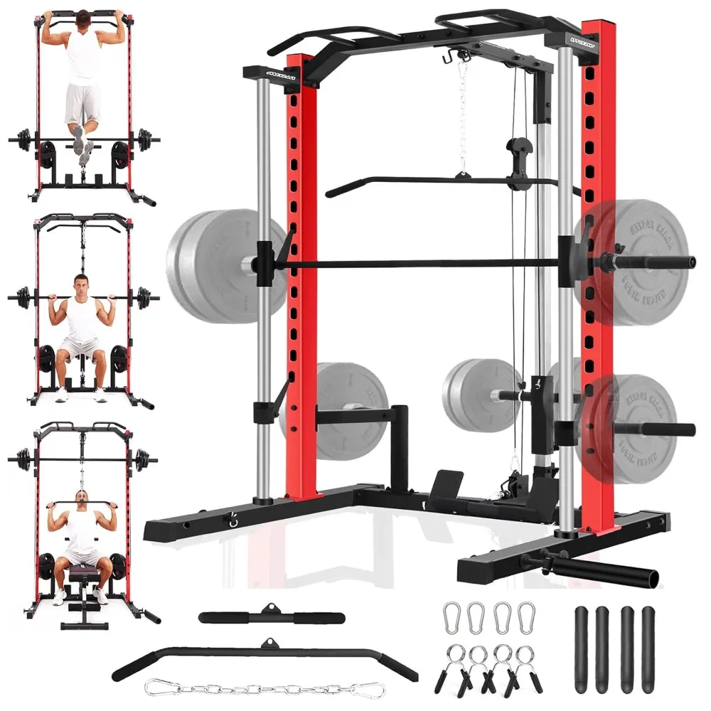 All-in-One Smith Machine Power Rack with LAT Pull Down, Pull Up Bar, Barbell, Plate Storage, Heavy Duty Home Gym, Custom