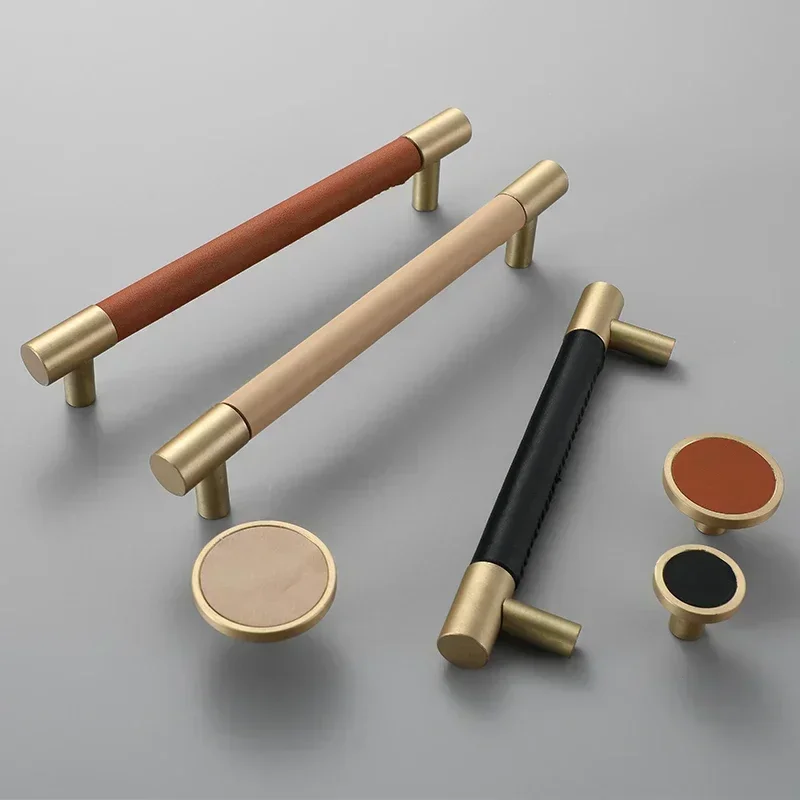 1pcs Cow Leather+brass natural Handles Drawer Cabinet Knob Kitchen Cupboard Wardrobe Pull Door Handles