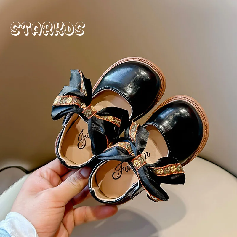 

Chic Flower Embroider Loafers For Baby Girls Thick Sole Riband Bowknot Ballet Flats Toddler Kids Retro Round Toe Leather Shoes