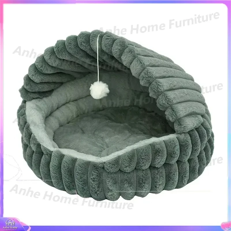 Large Dog Cat Bed Villa Velvet Shell Striped Warm Cute Pet Nest Sleeping Mat Soft Cushion Puppy Kitten House Supplies