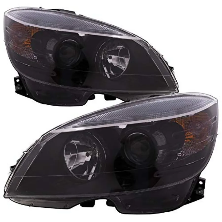

Headlights Set Halogen Black Housing With Clear Lens Pair Compatible with Mercedes C-Class 2008-2011