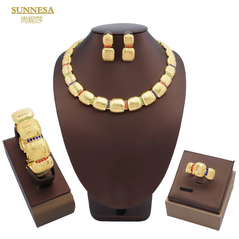 SUNNESA Trendy Luxury African Jewelry Sets for Women Wedding Party Zircon Bamboo Knot Necklace Earrings Charm Bracelet Ring