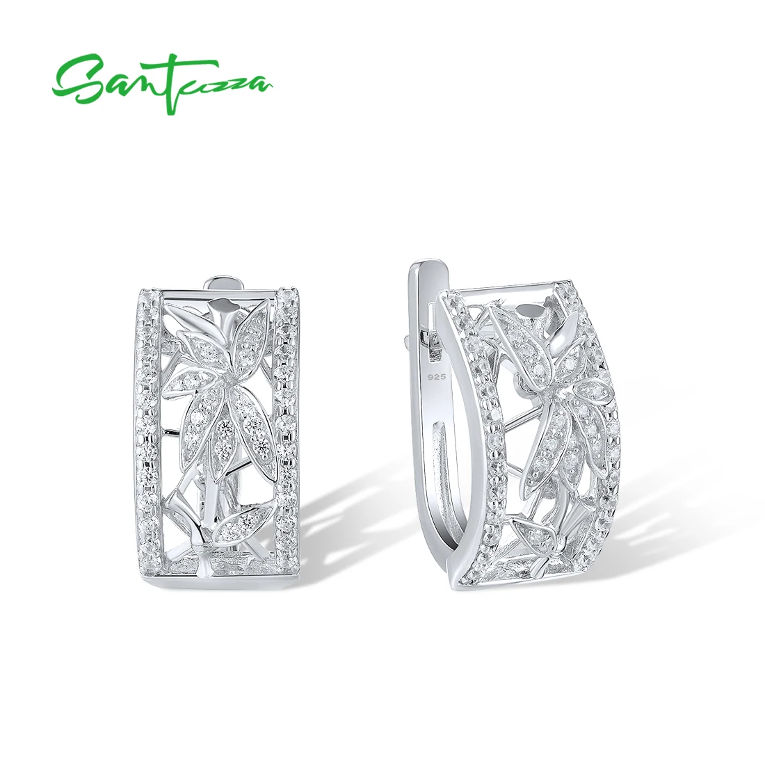 

SANTUZZA Pure 925 Sterling Silver Earrings For Women Sparkling White Cubic Zirconia Gorgeouse Bamboo Leaf Wedding Fine Jewelry