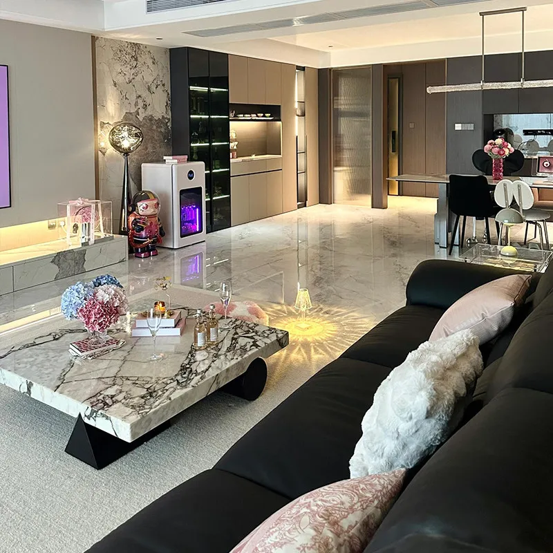 Contemporary Suspended Marble Coffee Table Square Snow Mountain Pattern Center Table for Modern Living Room Furniture