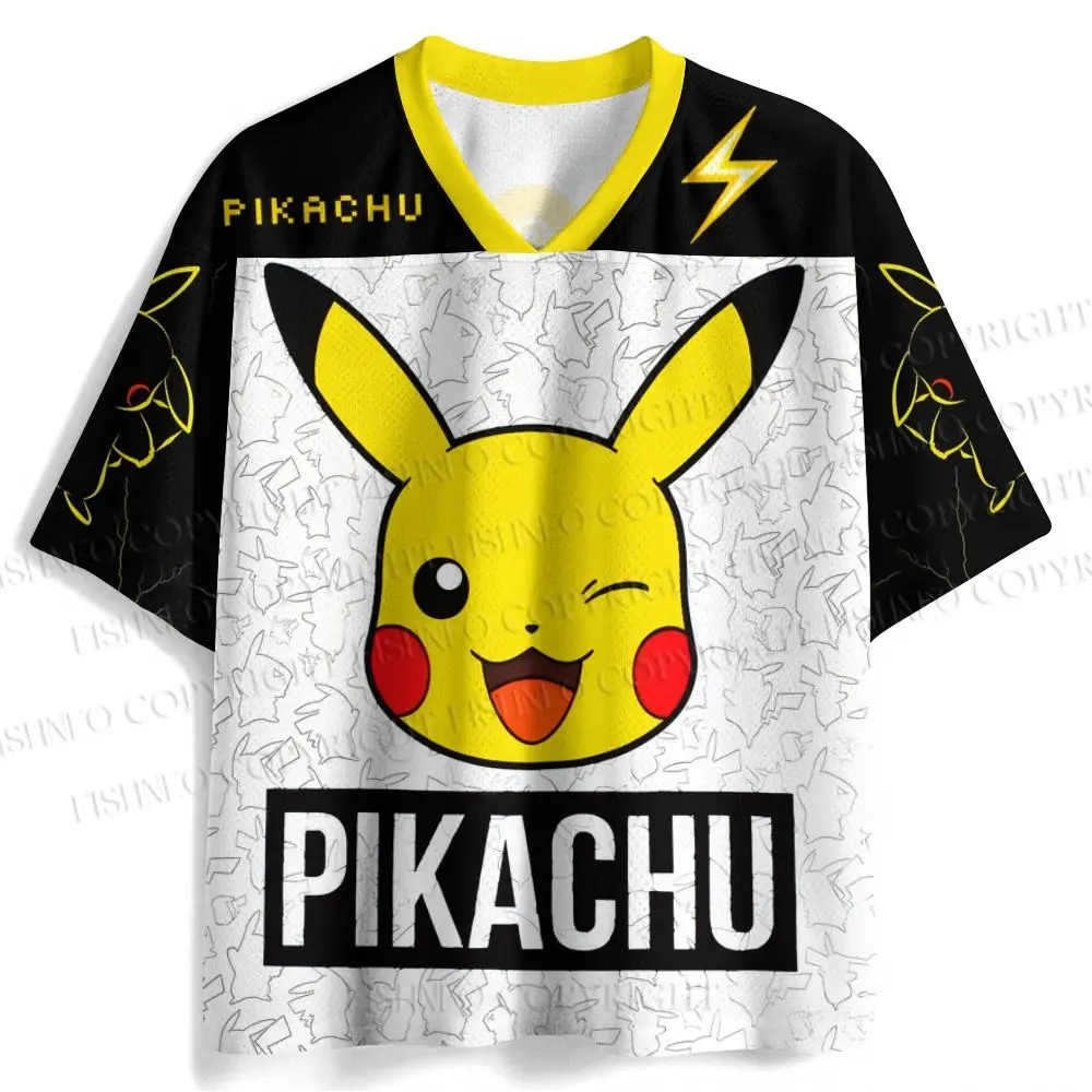 Men's New Pikachu Jersey Winking Face Graphic Lightning Bolt Logo Short Sleeve Pokémon Anime Fan Casual Streetwear Sportswear
