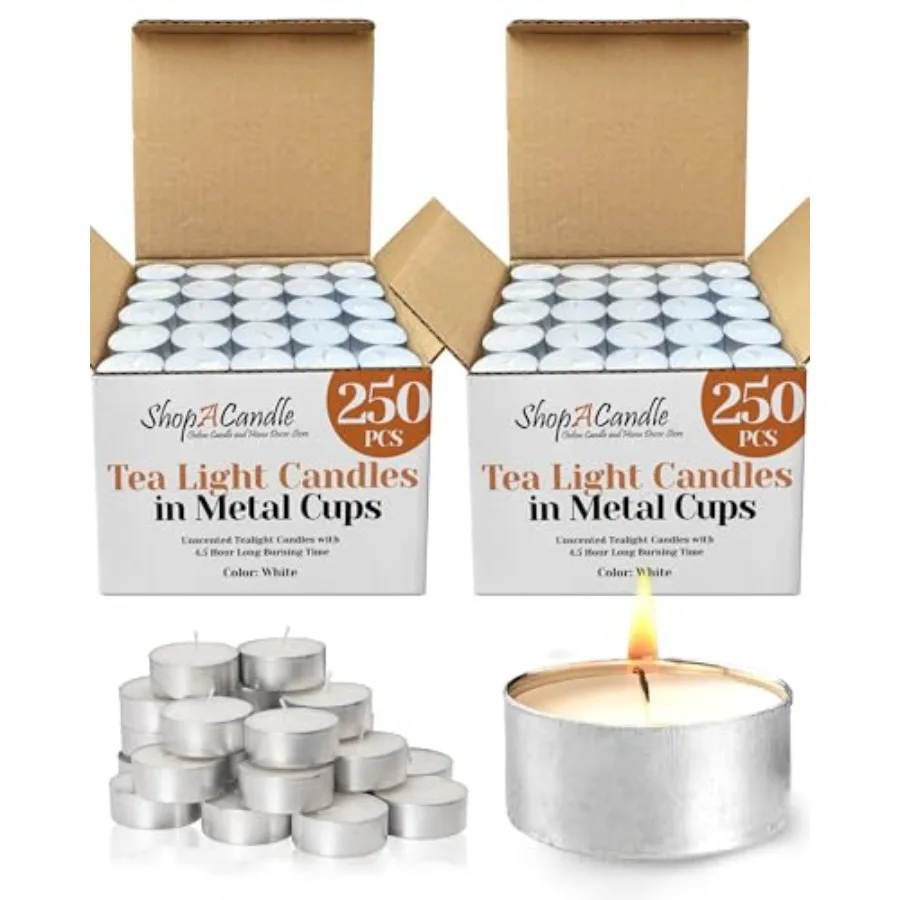 

Tea Light Candles in Metal Cups - 4.5 Hours Clean, Long Burning White Unscented Tea Candles - 500 Candles - Votive Bulk for Rom