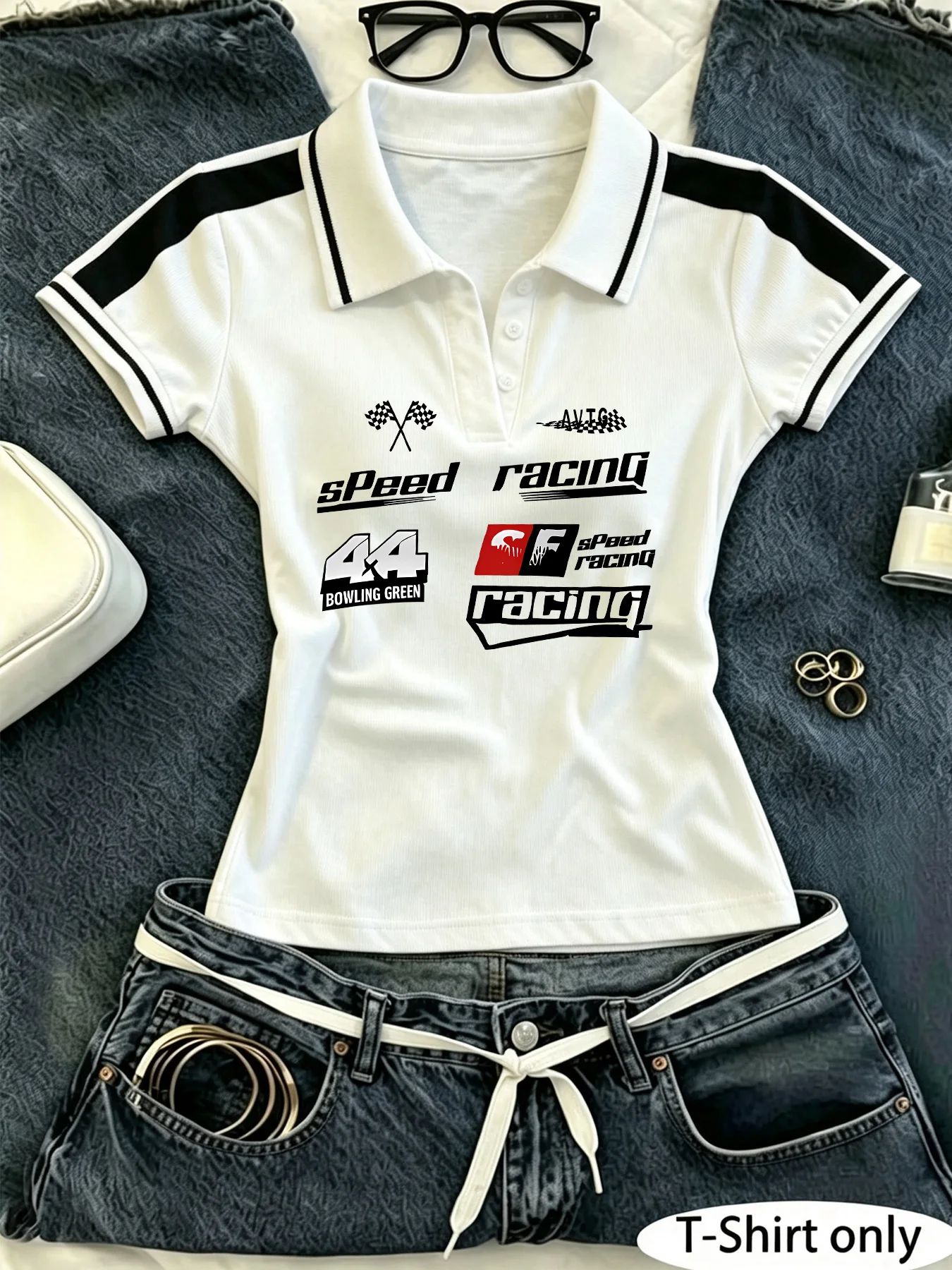 Women’s Y2K Cropped Polo Shirt, Racing Flag Number Graphic Contrast Stripe Short Sleeve, Slim Fit Retro Motor Streetwear Top