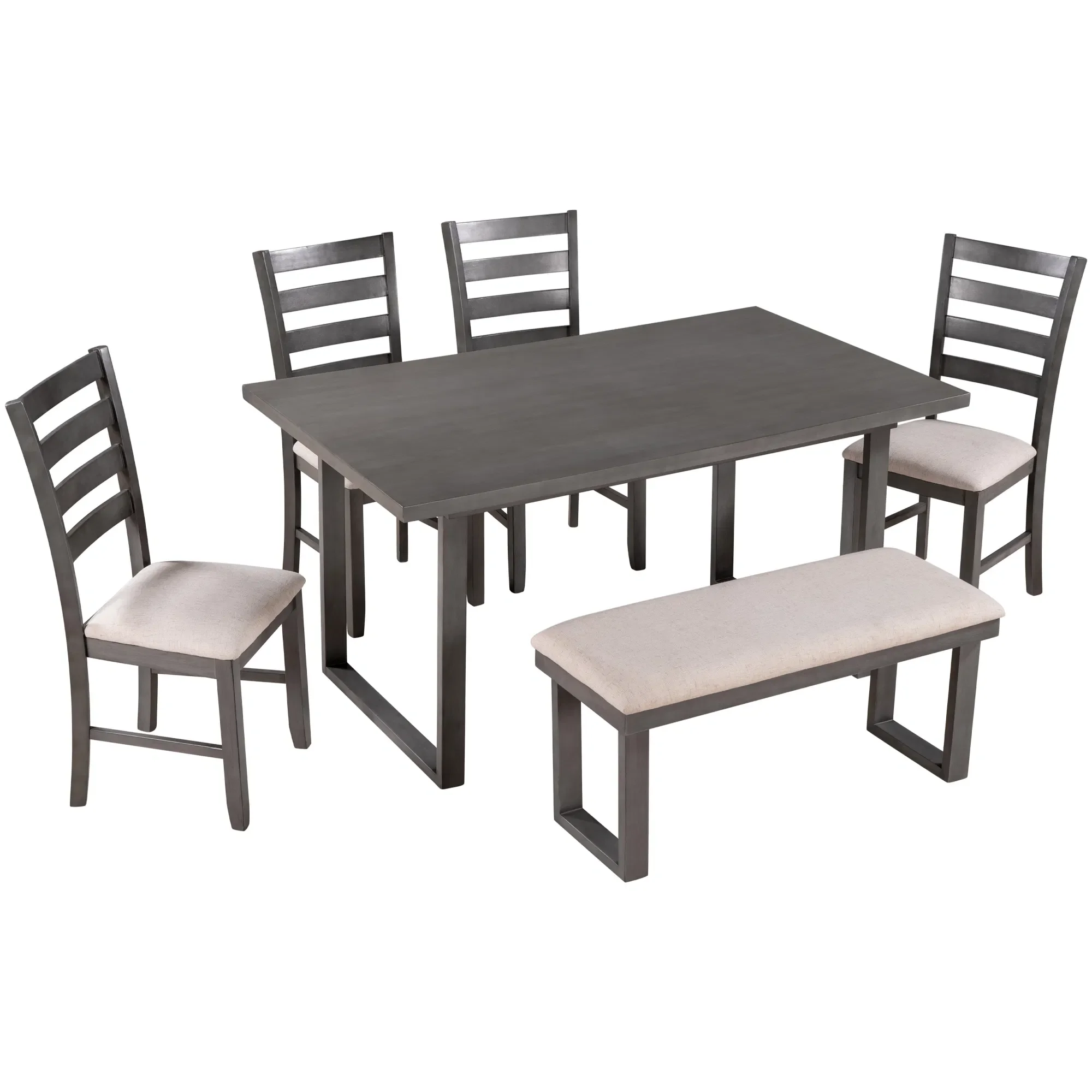 TREXM 6-Pieces Family Furniture Solid Wood Dining Room Set with Rectangular Table 4 Chairs with Bench(Gray)