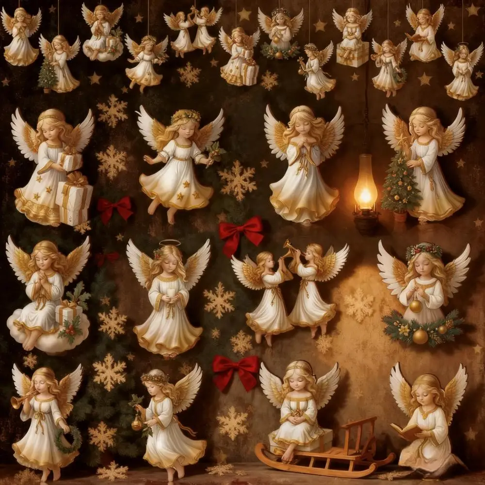 

12pcs Christmas Retro Angel Girl Wooden Flat Pendants Xmas Tree Hanging Ornaments Noel Gift Merry Christmas Decor Happy New Year