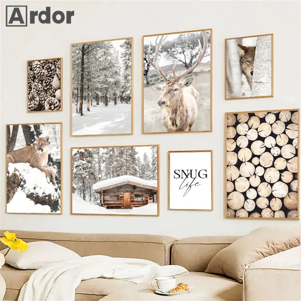 Winter Snow Animal Deer Wolf Canvas Poster Pine Tree Wood House Wall Art Print Painting Nordic Posters Picture Living Room Decor