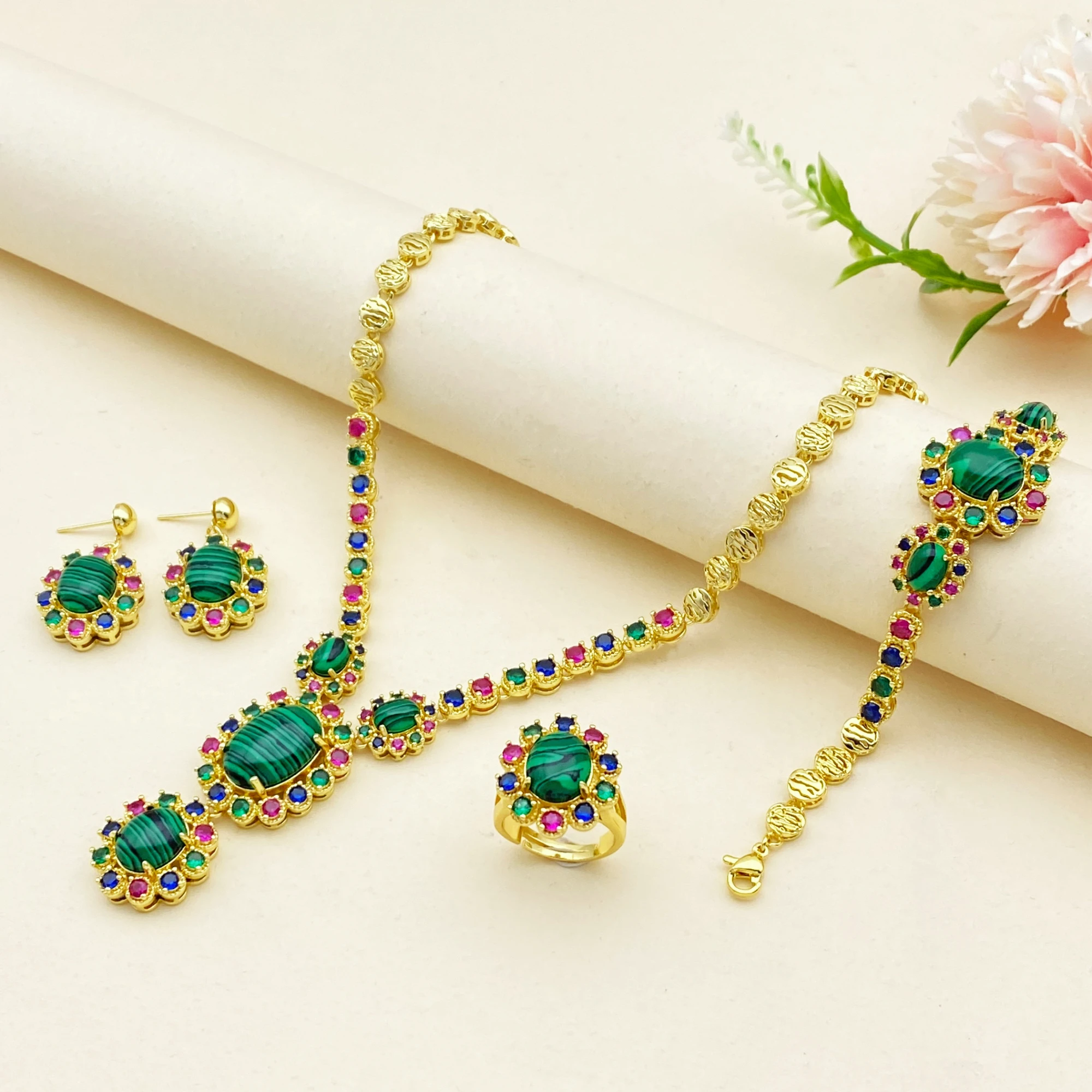 Falair Luxury Bridal Jewelry Set Gold Plated Copper Zircon Necklace Bracelet Ring Earrings Dubai Wedding Party Ornaments