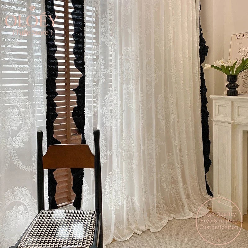 Black Edge French Sheer Short Panels for Bay Window Balcony Living Room Bedroom Relief Trim Curtain Mirror Flower Design Vintage