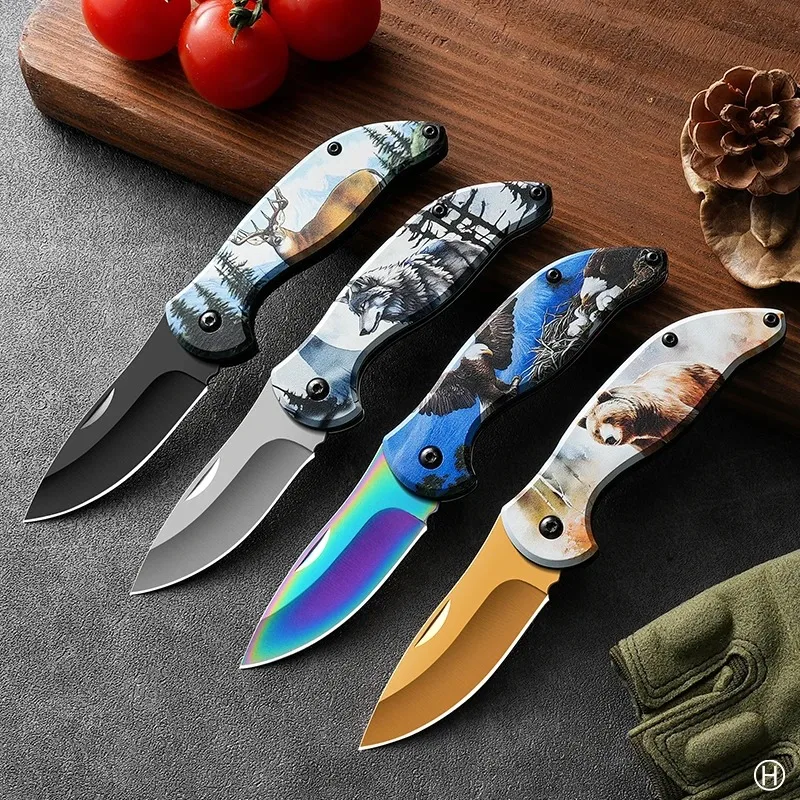 1pc/4pcs Patterned Handle Stainless Steel Folding Knife Outdoor Portable Fruit Knife Mini Survival Knife Camping KR9195