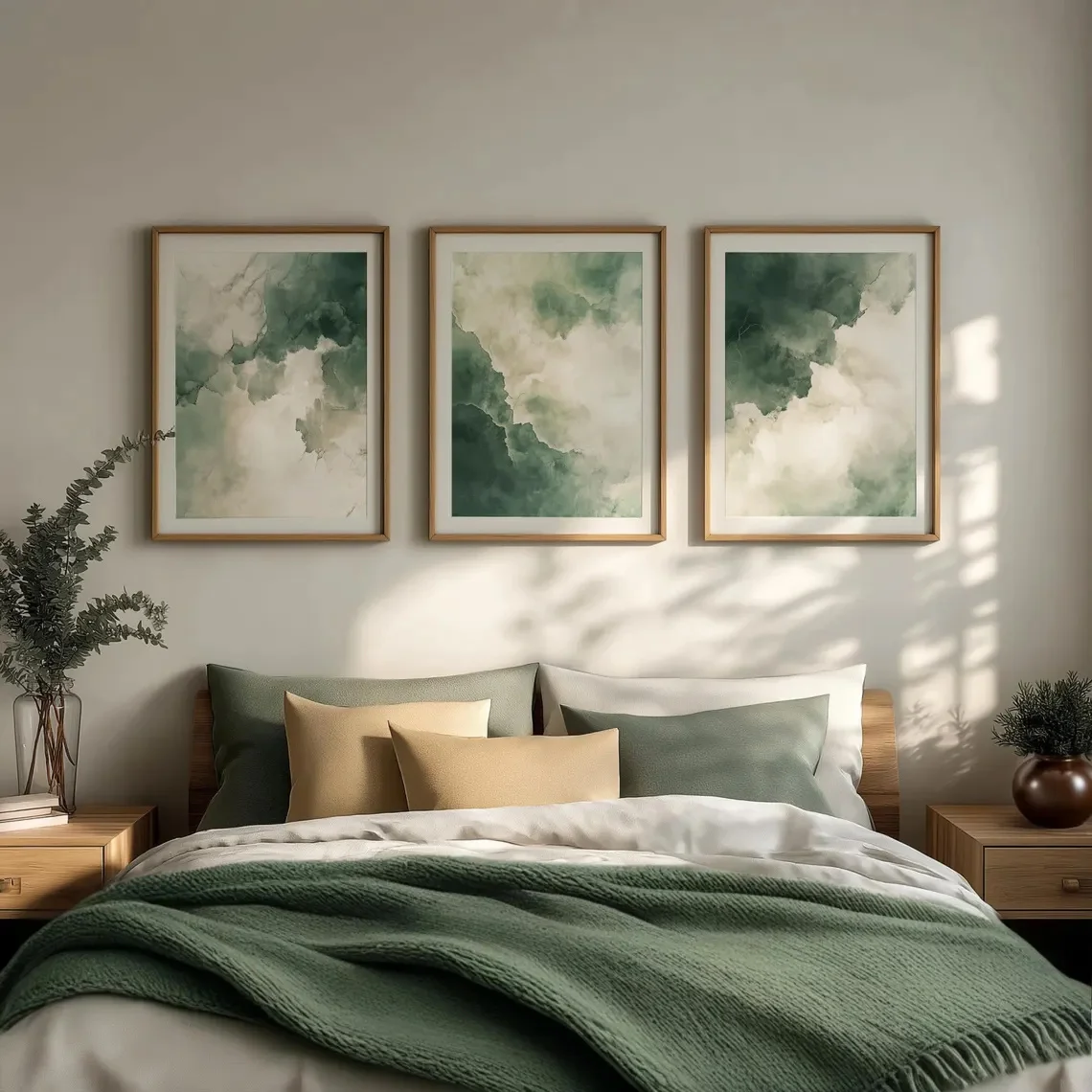 Arte Abstracto de Pared en Tríptico Verde Salvia, Decoración para Sala de Estar, Regalo para Amigos, Decoración Neutral y Minimalista