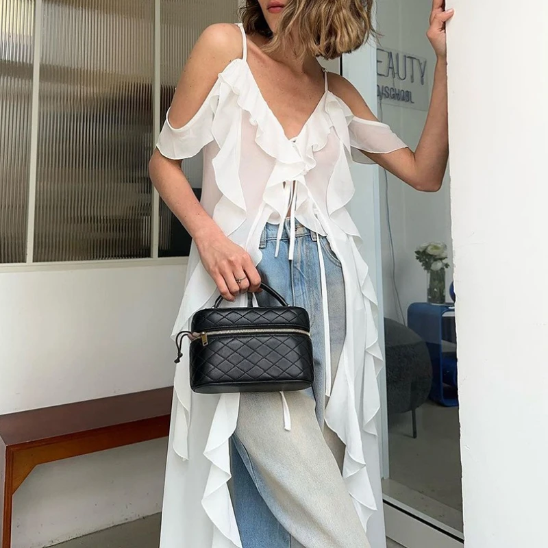 ผู้หญิงฤดูร้อนชีฟองลูกไม้ SHEER สีขาว Ruffles Slit V คอสายรัดปิดไหล่ Elegant ภาษาฝรั่งเศสคําหวานยาว Maxi ชุดชายหาดสบายๆ