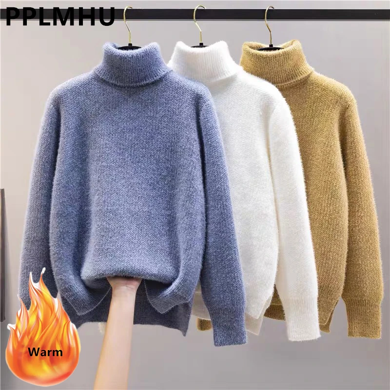 Winter Turtleneck Imitation Mink Thicken Sweater Women Casual Warm Plush Lining Knit Tops Add Velvet Bottomed Blue Pullover 2022