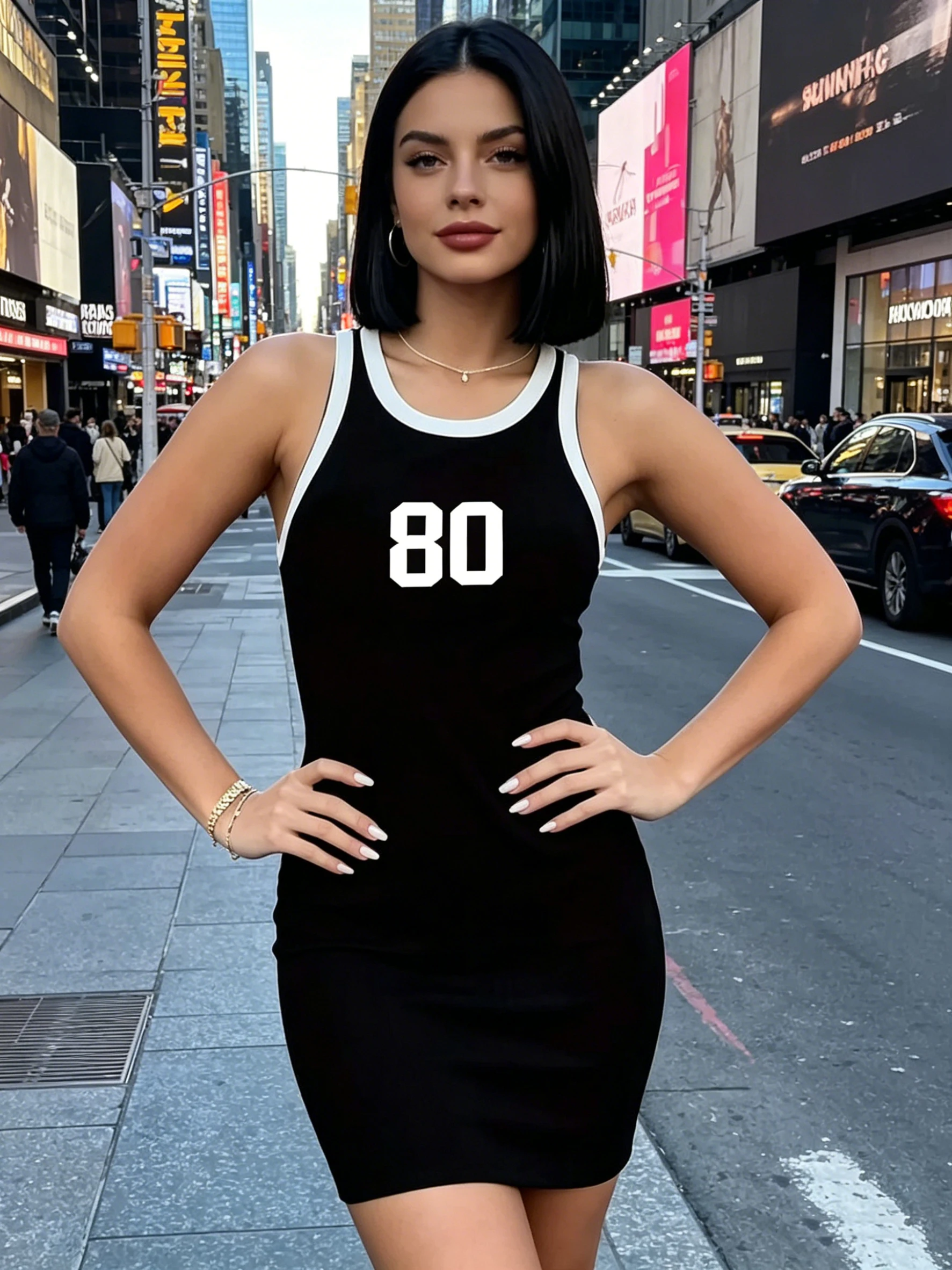 Slim-Fit Mini-Length Jersey Dress European American Style Sleeveless Contrasting Color Edging Hip-Hugging Fashion