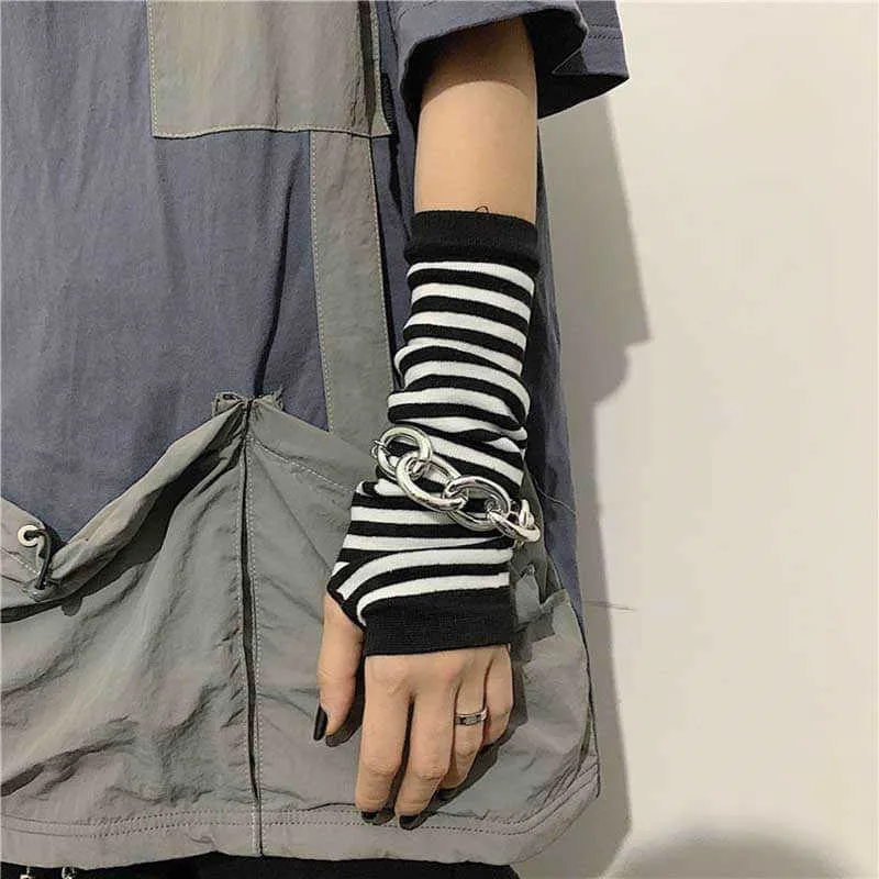 Hip Hop Gloves Long Fingerless Oversleeve Men and Women Stripe Black Knitted Soft Skin Friendly Gloves Stretch Winter Arm Warmer