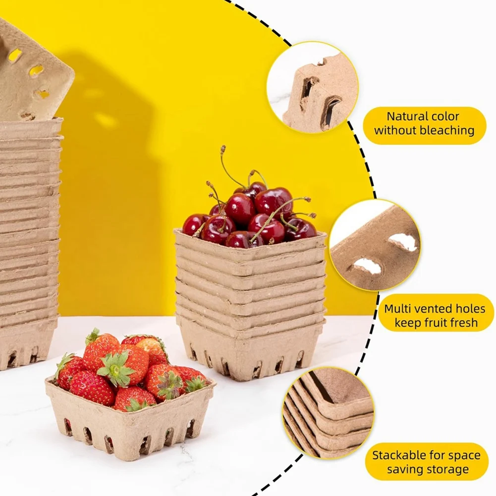 A60Z60 Pack Pulp Fiber Berry Basket, For Strawberry Blueberry Raspberry Grape Cherry, Produce Basket Containersmay