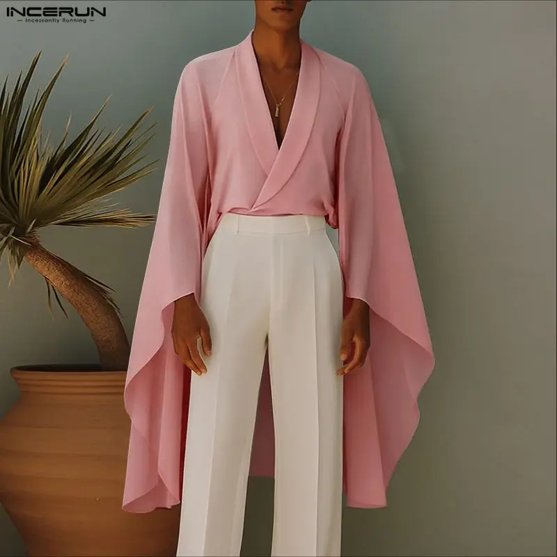 INCERUN الرجال غير النظامية قميص المرقعة انظر من خلال كم طويل الرجال الملابس الشارع الشهير موضة الحفلات قمصان طويلة نمط قمصان #2