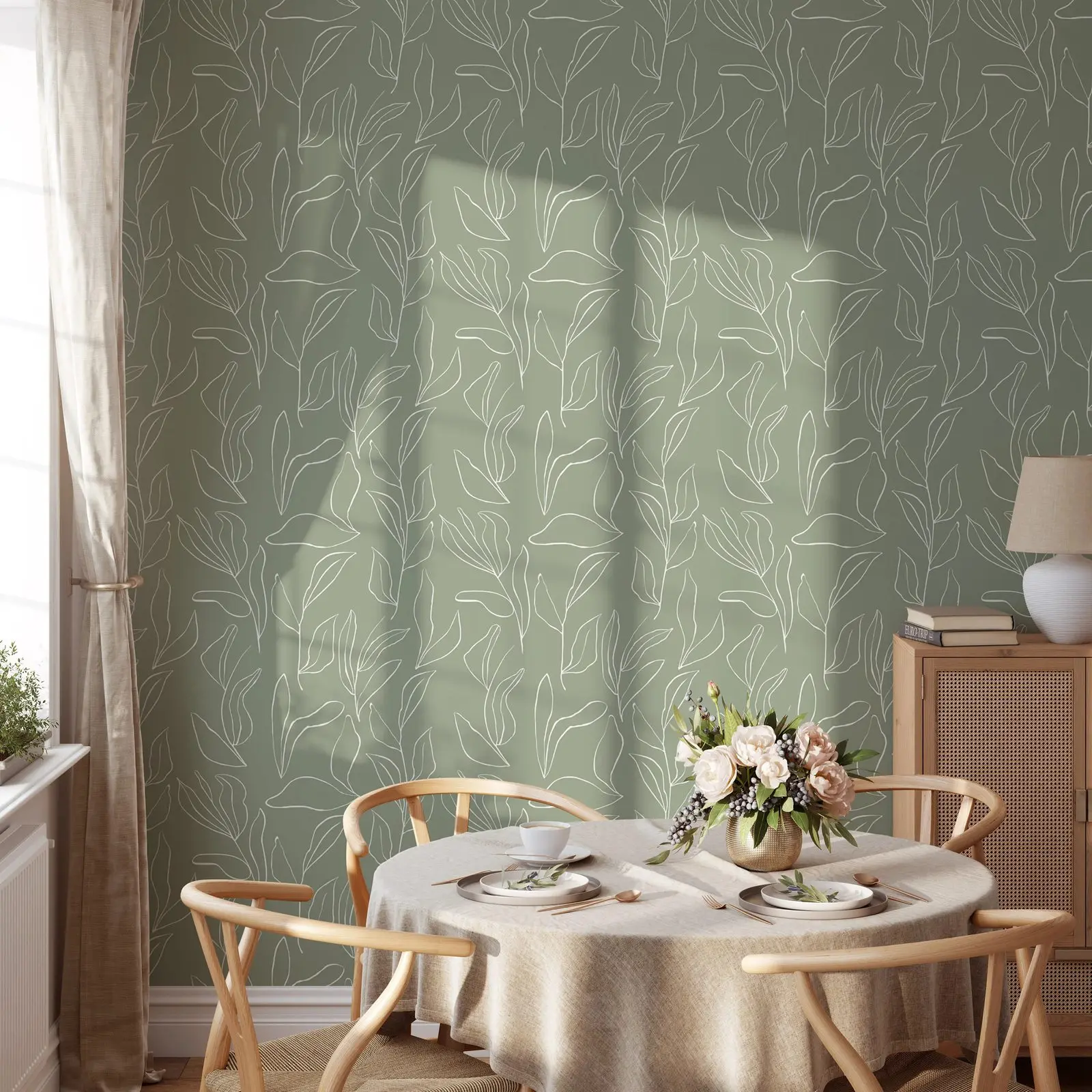 Sage Modern Leaves Peel and Stick Wallpaper,Tropical Minimalistic Wall Mural,Self Adhesive or Tradition Non-woven  Wall Paper