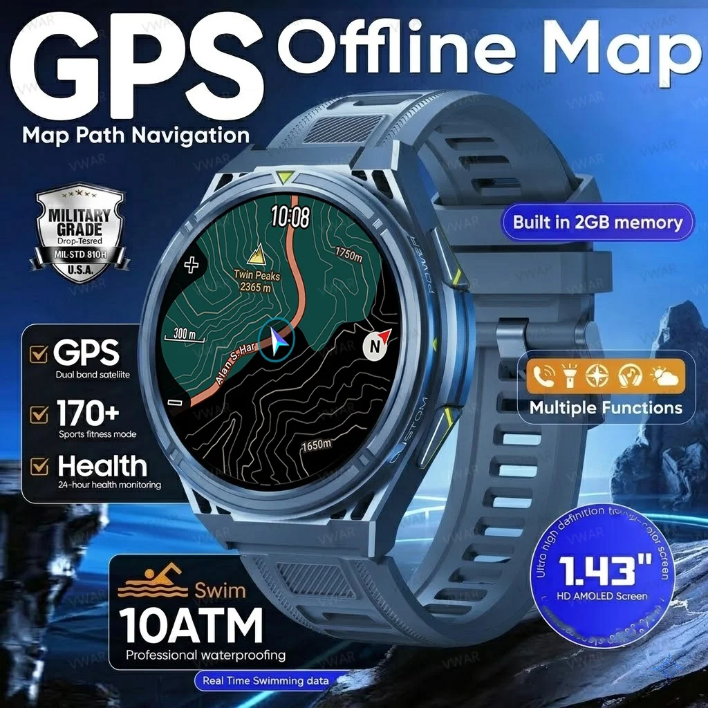 New Men TANK GPS Map Smart Watch Outdoor Compass 10ATM Water