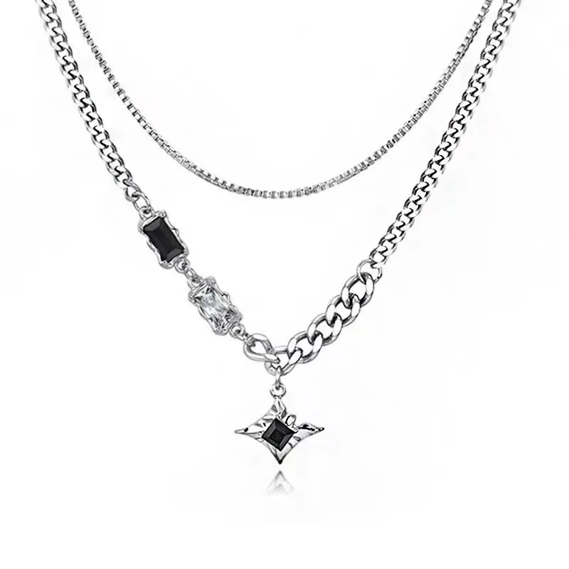 

Double Layer Star Pendant Necklace Titanium Steel Silver Layered Chain Necklace Unisex Street Y2K Jewelry 45+5cm