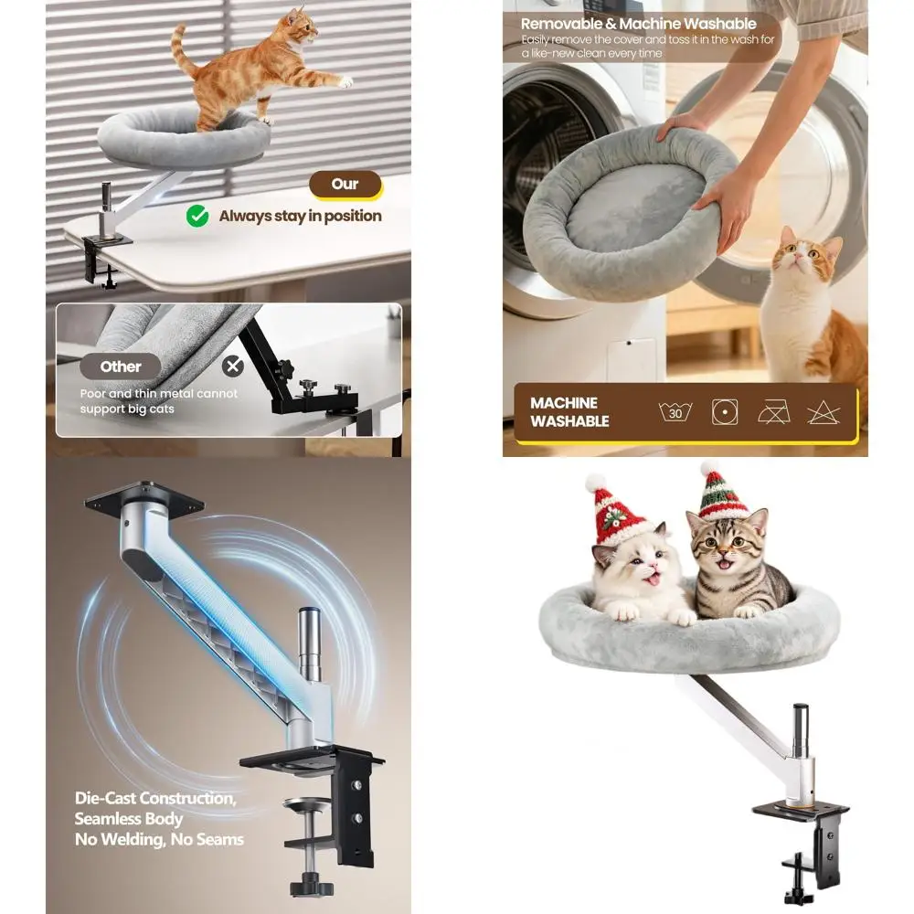 

360° Rotating Adjustable Height Cat Desk Bed - 45 lbs Capacity, Removable Washable Bed for S/M/L Cats with Wooden Base