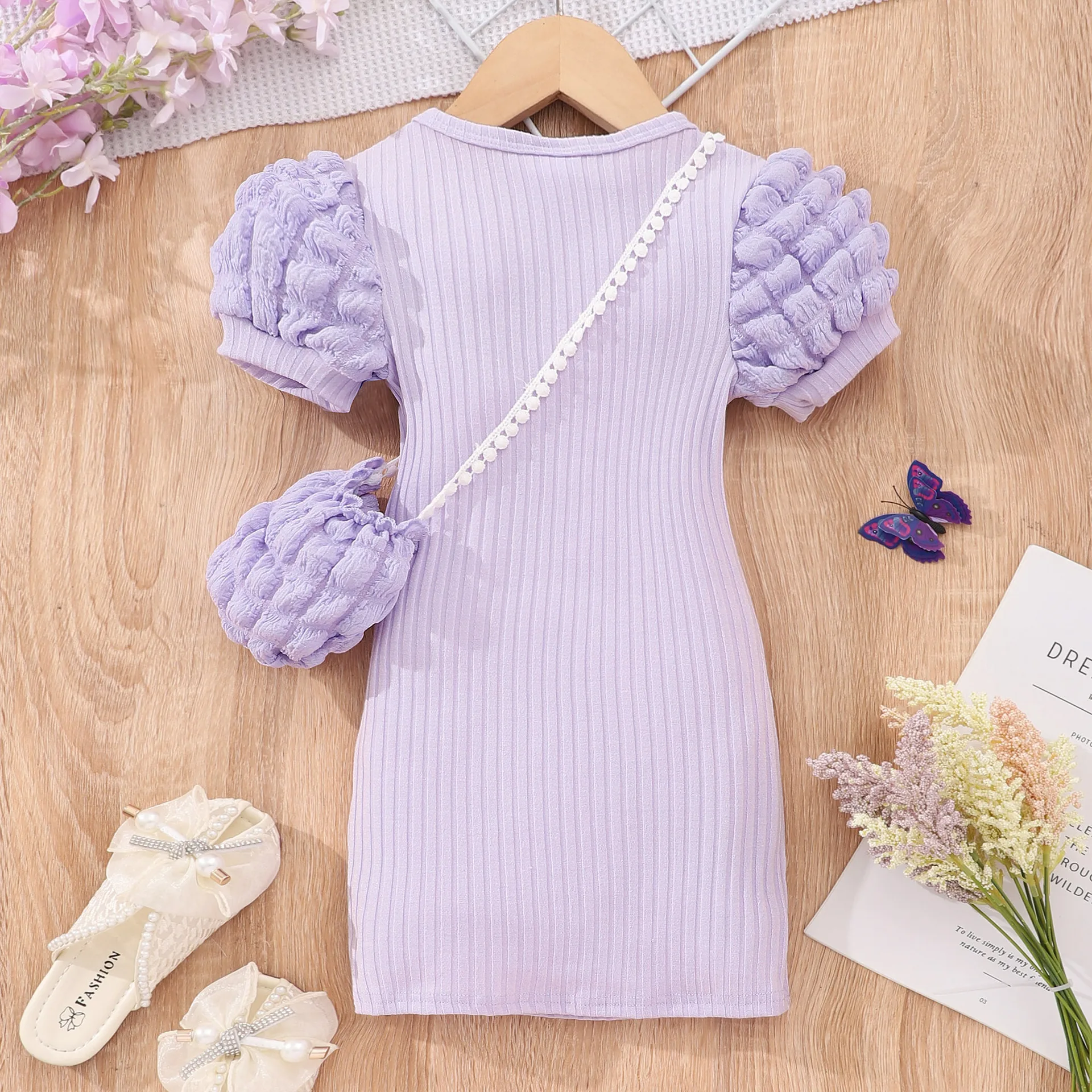 2024 new girls' casual solid color puffy sleeve + bag dress 3-8 years old girls daily casual dress for 3 4 5 6 7 8 years old