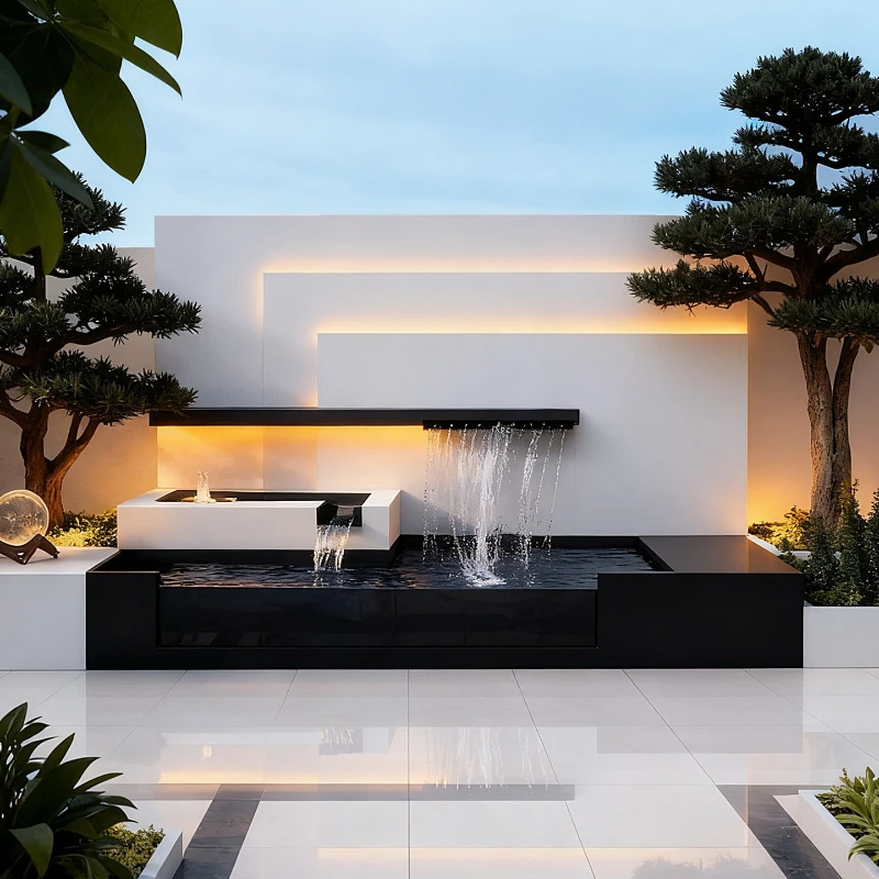 HT Customized stainless steel flowing water background wall, villa courtyard finished flower box, flowing water landscape wall