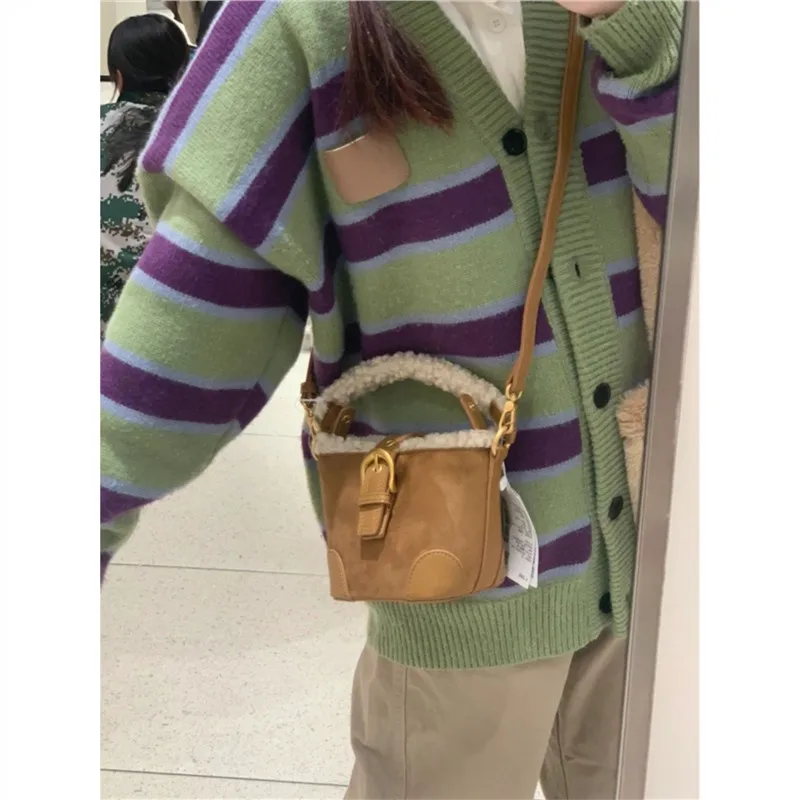 Vintage Suede Bucket Bags Imitation Lamb Wool Patchwork Handbags Retro Faux Fur Shoulder Crossbody Bag Small Tote Female Purses