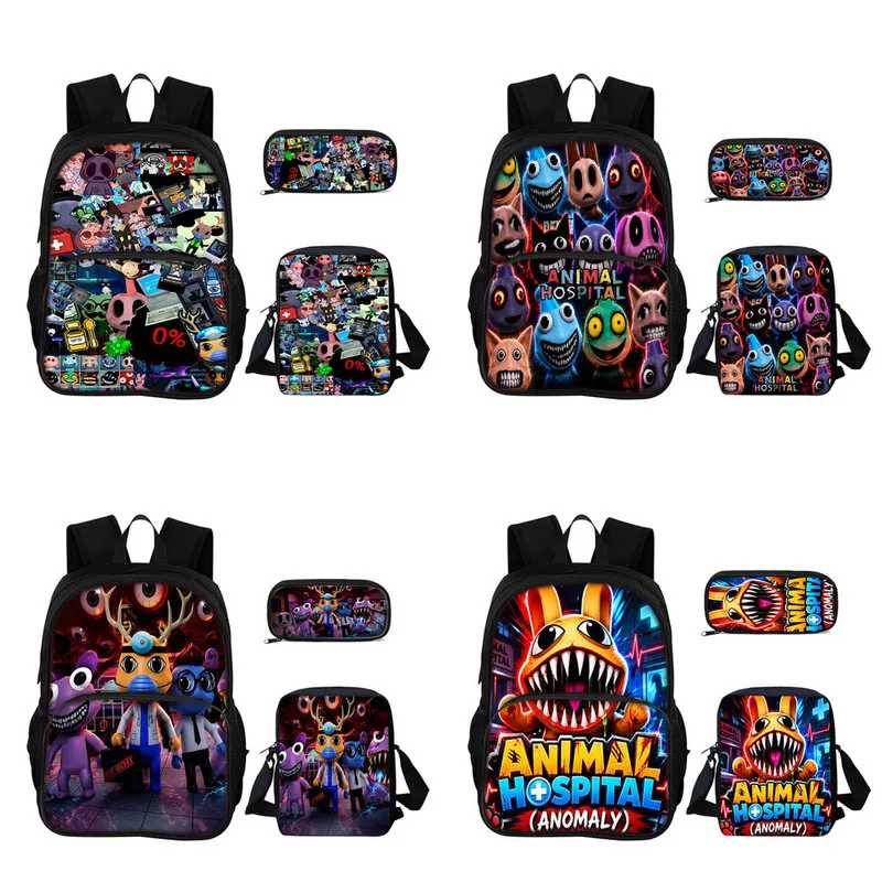 16inch 3piece Set Animal Hospital Backpack For School Cartoon Shoulder Bag And Pencil Case For Students Bookbag Travel Mochila